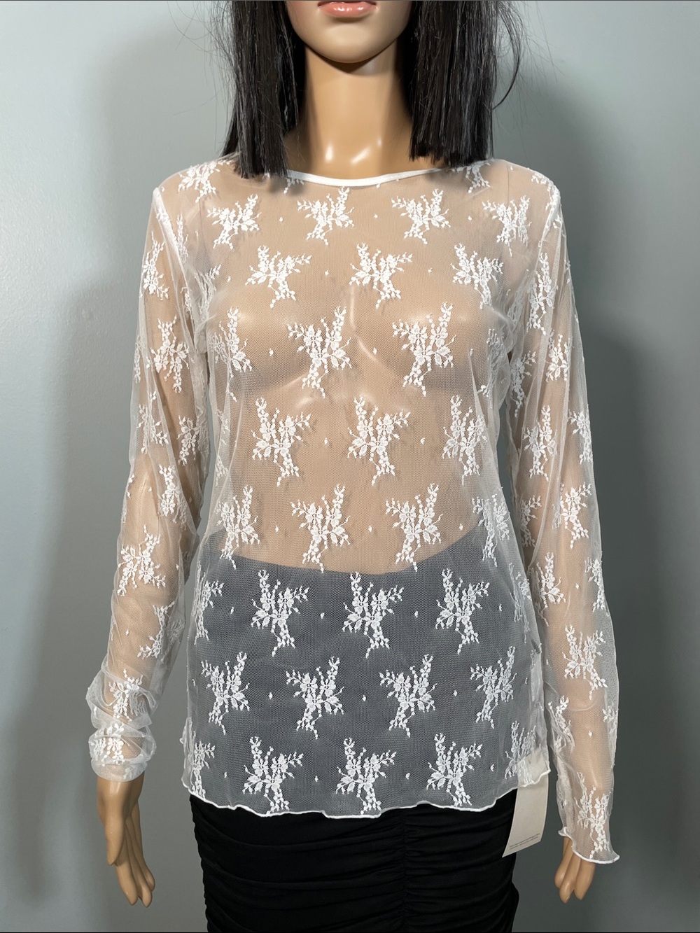 White Sheer Floral Embroidered Long-Sleeve Blouse